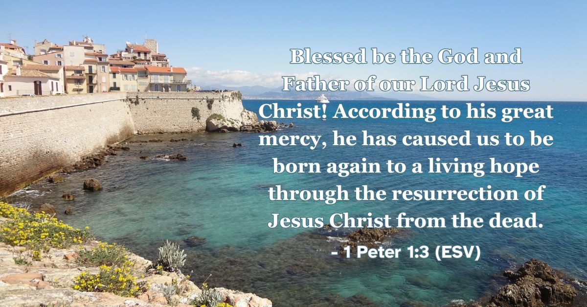Bible verse from 1 Peter 1:3 about new birth through Jesus Christ.