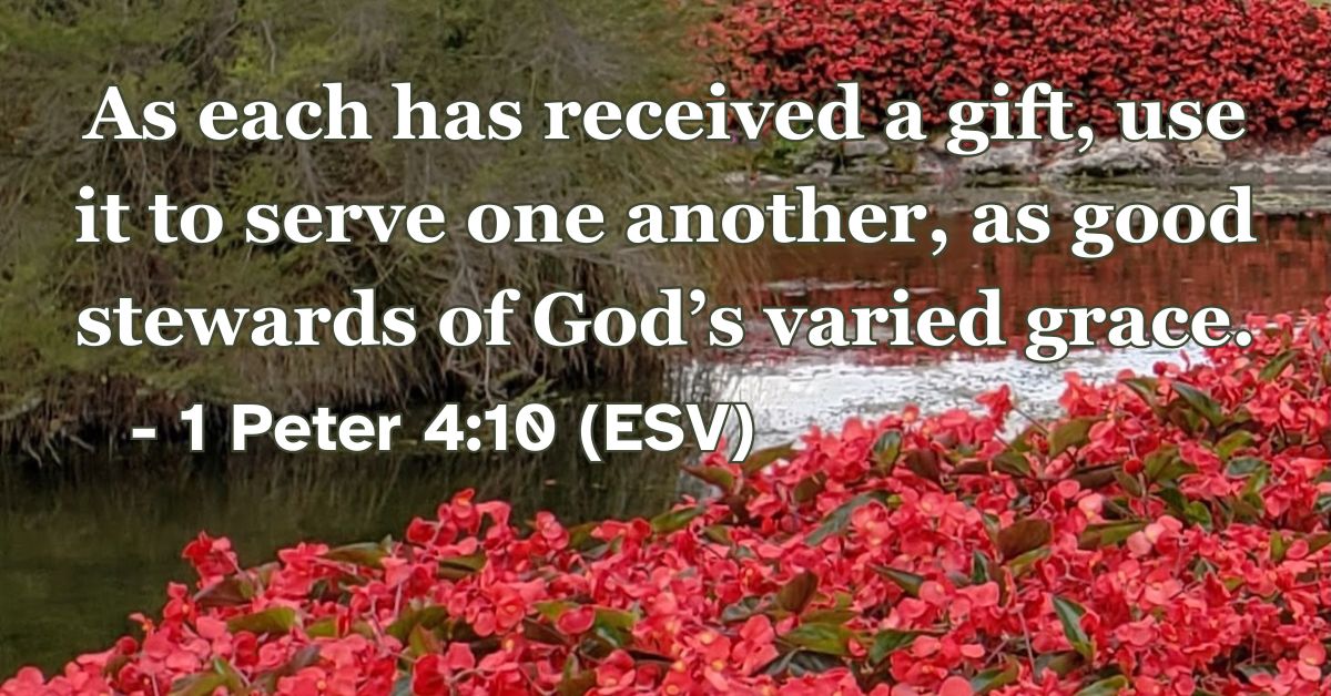 Bible verse from 1 Peter 4:10 about using gifts to serve others.