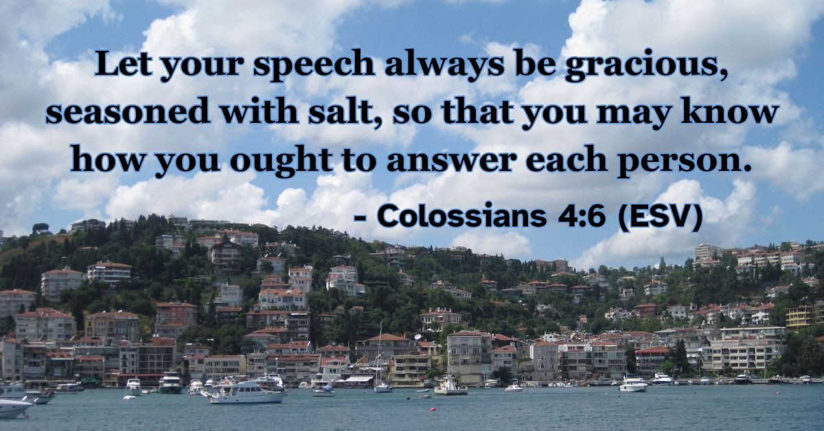 Colossians 4:6 (ESV): Let your speech always be gracious, seasoned with salt, so that you may know how you ought to answer each person.