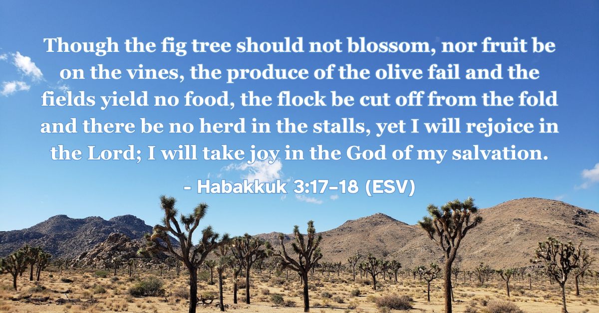 Habakkuk 3:17-18 (ESV): Though the fig tree should not blossom, nor fruit be on the vines, the produce of the olive fail and the fields yield no food, the flock be cut off from the fold and there be no herd in the stalls, yet I will rejoice in the Lord; I will take joy in the God of my salvation.