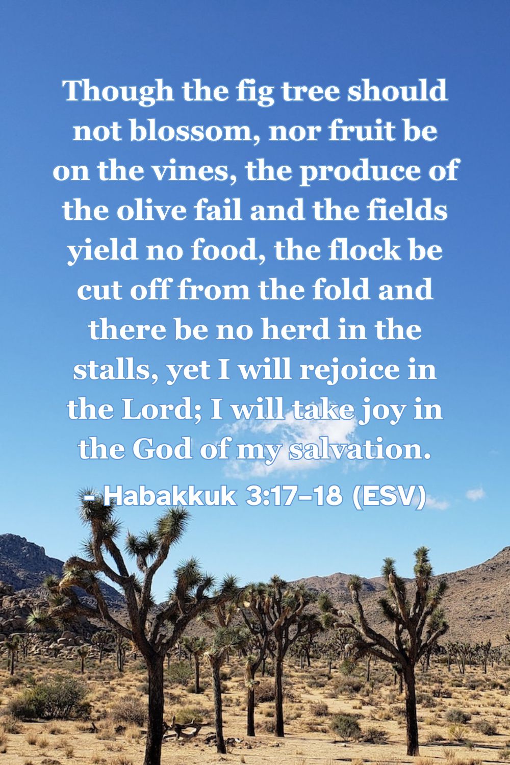 Habakkuk 3:17-18 (ESV): Though the fig tree should not blossom, nor fruit be on the vines, the produce of the olive fail and the fields yield no food, the flock be cut off from the fold and there be no herd in the stalls, yet I will rejoice in the Lord; I will take joy in the God of my salvation.
