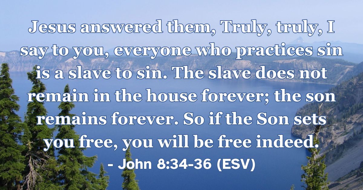 John 8:34-36 (ESV): Jesus answered them, Truly, truly, I say to you, everyone who practices sin is a slave to sin. The slave does not remain in the house forever; the son remains forever. So if the Son sets you free, you will be free indeed.