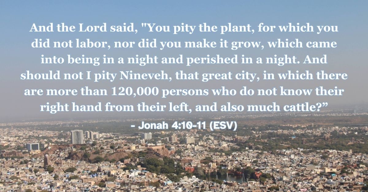 Jonah 4:10–11 (ESV): And the Lord said, “You pity the plant, for which you did not labor, nor did you make it grow, which came into being in a night and perished in a night. And should not I pity Nineveh, that great city, in which there are more than 120,000 persons who do not know their right hand from their left, and also much cattle?”