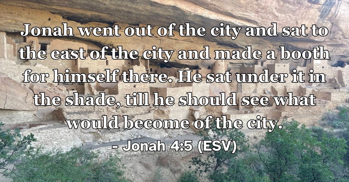 Jonah 4:5 (ESV): Jonah went out of the city and sat to the east of the city and made a booth for himself there. He sat under it in the shade, till he should see what would become of the city.