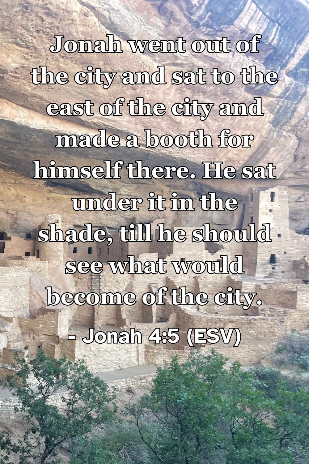 Jonah 4:5 (ESV): Jonah went out of the city and sat to the east of the city and made a booth for himself there. He sat under it in the shade, till he should see what would become of the city.