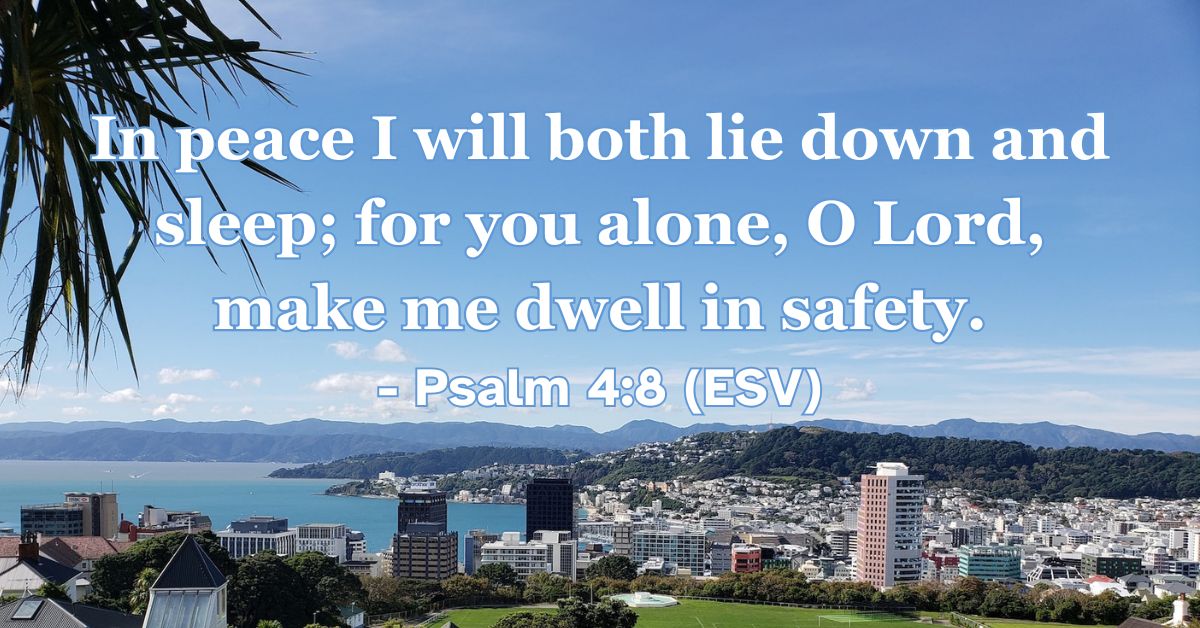 Bible verse from Psalm 4:8 about peace and safety from God.