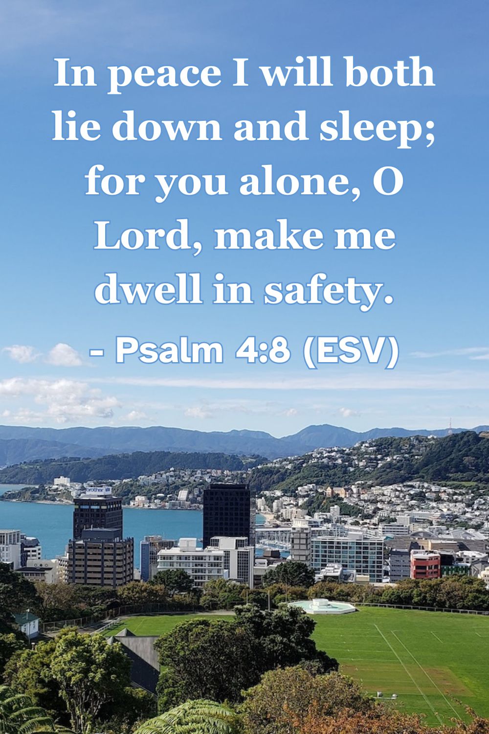 Bible verse from Psalm 4:8 about peace and safety from God.