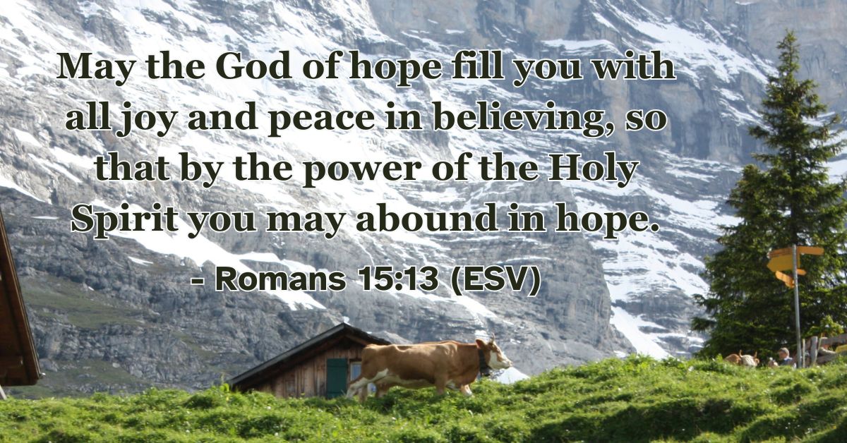 This Bible verse image features Romans 15:13 (ESV): “May the God of hope fill you with all joy and peace in believing, so that by the power of the Holy Spirit you may abound in hope.” A reminder that true joy and peace come from God through the Spirit.