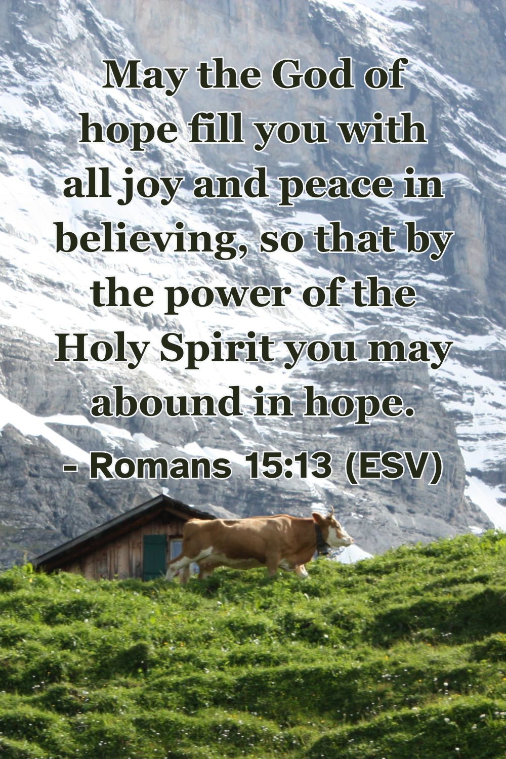 This Bible verse image features Romans 15:13 (ESV): “May the God of hope fill you with all joy and peace in believing, so that by the power of the Holy Spirit you may abound in hope.” A reminder that true joy and peace come from God through the Spirit.