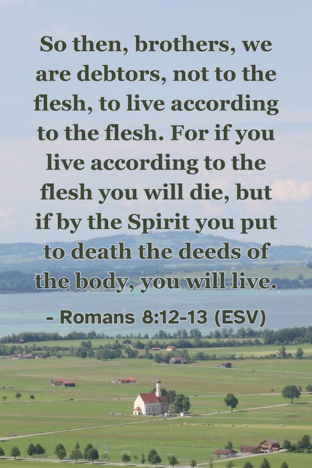 Romans 8:12-13 (ESV): So then, brothers, we are debtors, not to the flesh, to live according to the flesh. For if you live according to the flesh you will die, but if by the Spirit you put to death the deeds of the body, you will live.