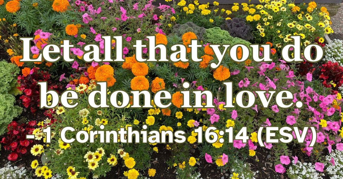 Bible verse from 1 Corinthians 16:14 about doing everything in love.