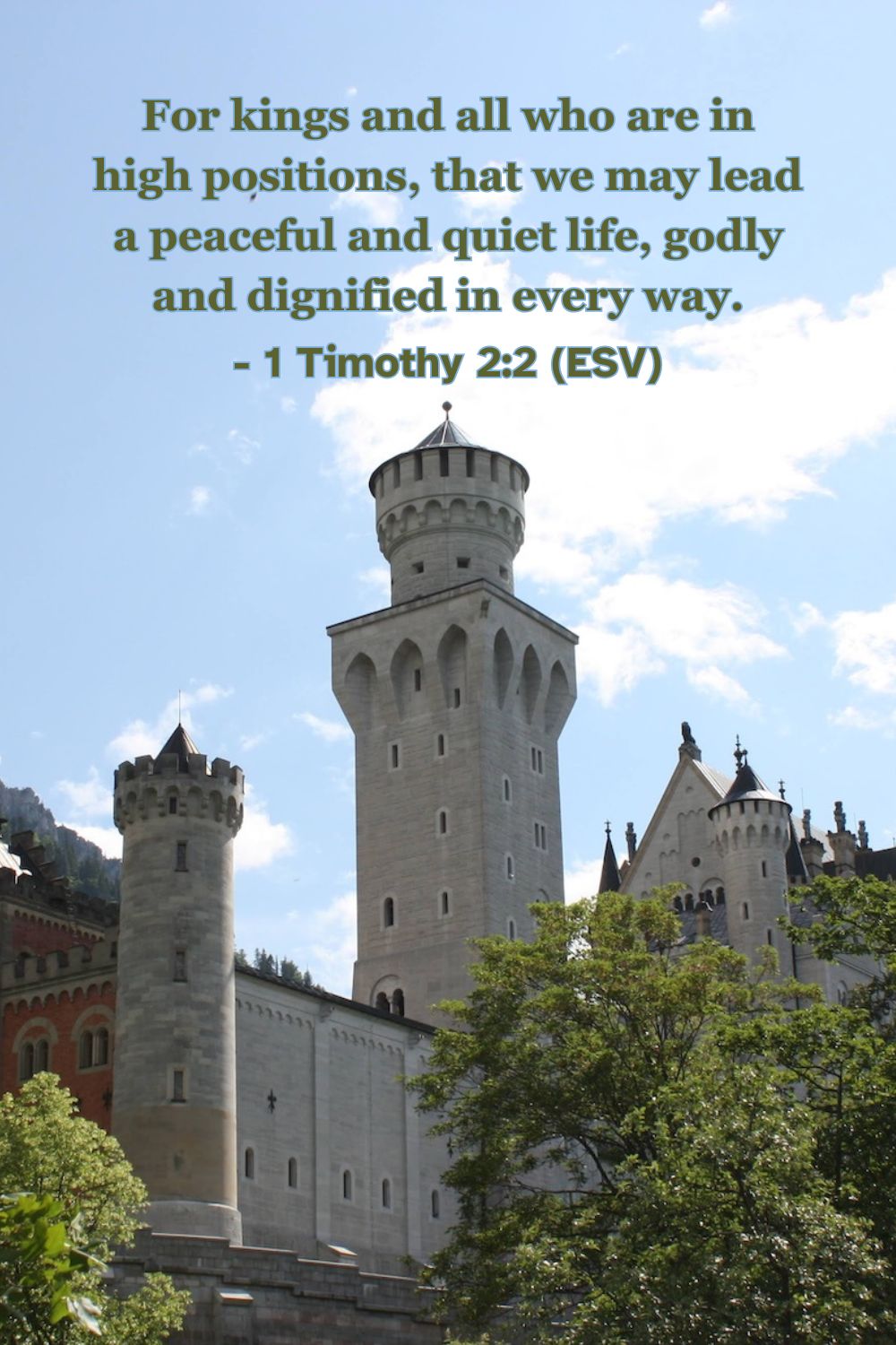 1 Timothy 2:2 (ESV): For kings and all who are in high positions, that we may lead a peaceful and quiet life, godly and dignified in every way.