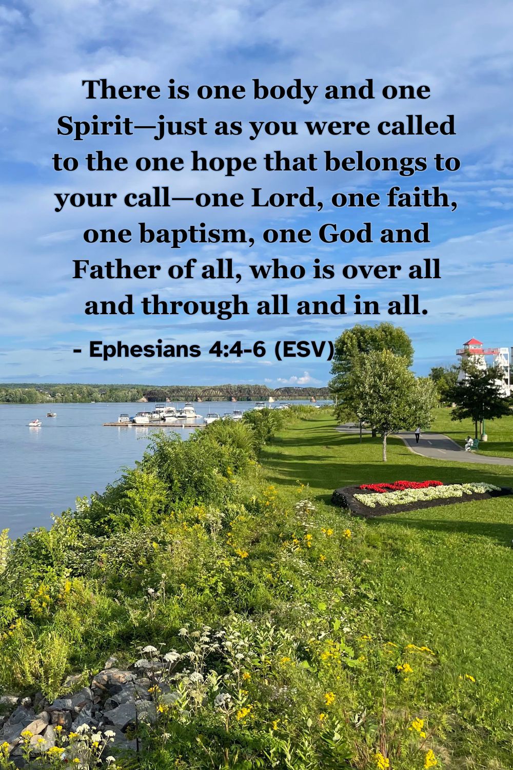 This Bible verse image features Ephesians 4:4-6 (ESV): “There is one body and one Spirit—just as you were called to the one hope that belongs to your call—one Lord, one faith, one baptism, one God and Father of all, who is over all and through all and in all.” A reminder of our unity in Christ.