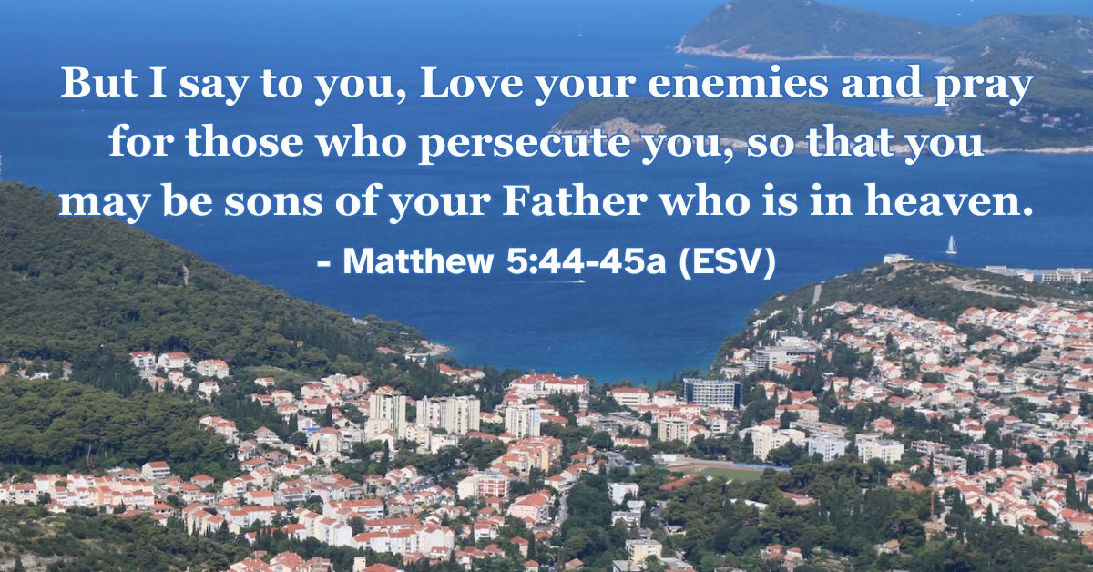 Matthew 5:44-45a (ESV): But I say to you, Love your enemies and pray for those who persecute you, so that you may be sons of your Father who is in heaven.