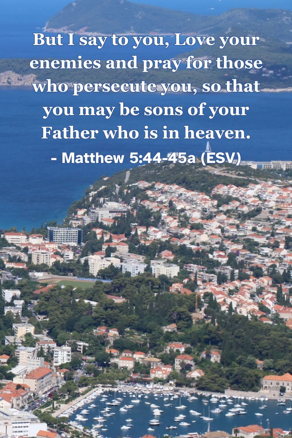 Matthew 5:44-45a (ESV): But I say to you, Love your enemies and pray for those who persecute you, so that you may be sons of your Father who is in heaven.