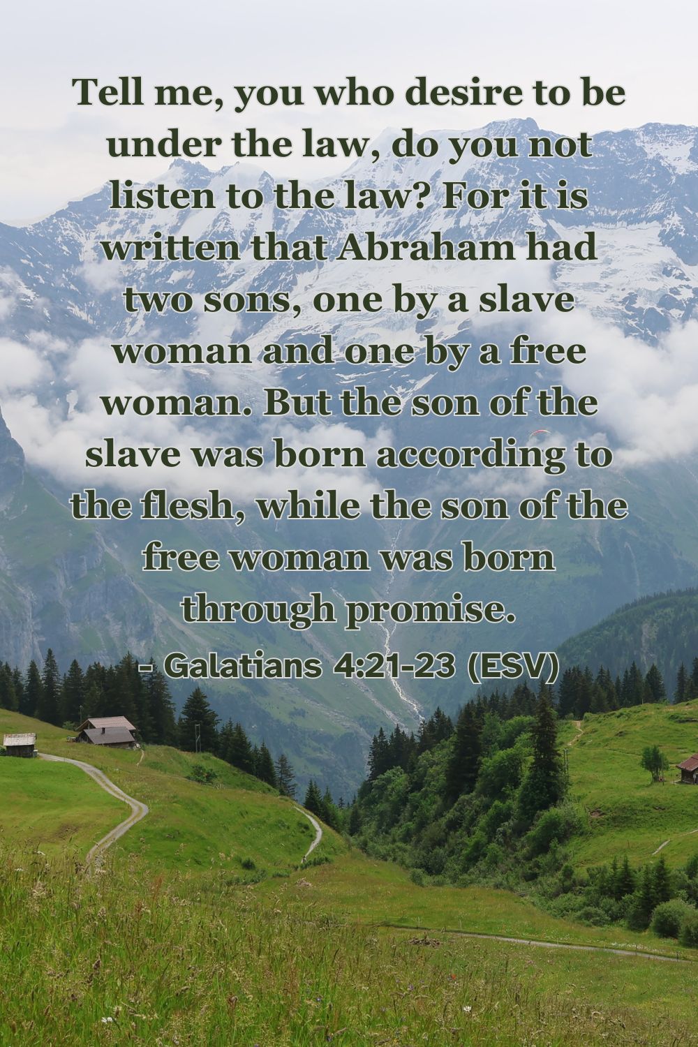Tell me, you who desire to be under the law, do you not listen to the law? For it is written that Abraham had two sons, one by a slave woman and one by a free woman. But the son of the slave was born according to the flesh, while the son of the free woman was born through promise. – Galatians 4:21-23 (ESV)