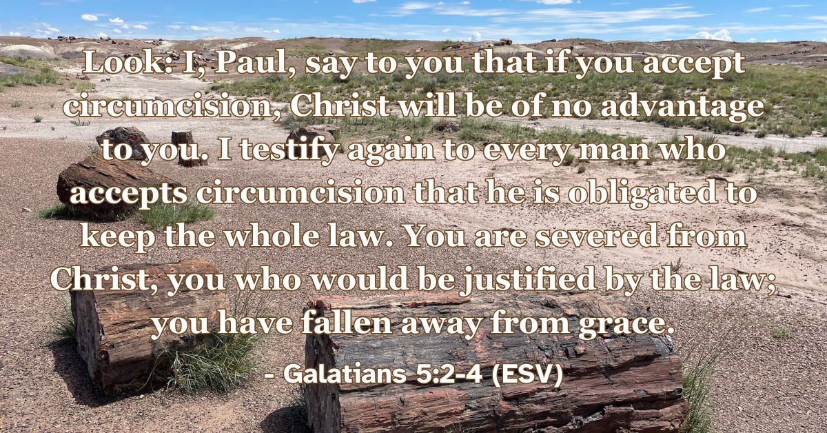 Look: I, Paul, say to you that if you accept circumcision, Christ will be of no advantage to you. I testify again to every man who accepts circumcision that he is obligated to keep the whole law. You are severed from Christ, you who would be justified by the law; you have fallen away from grace. – Galatians 5:2-4 (ESV)