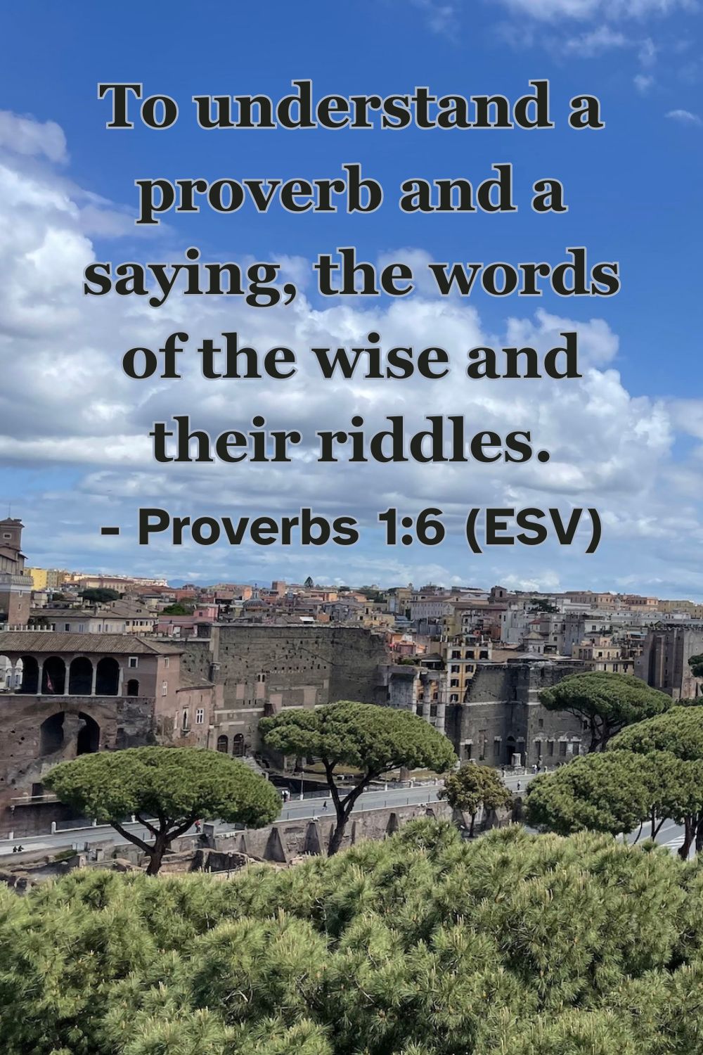 Proverbs 1:6 (ESV): To understand a proverb and a saying, the words of the wise and their riddles.