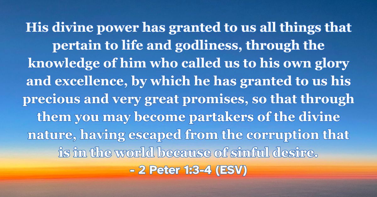 2 Peter 1:3-4 (ESV): His divine power has granted to us all things that pertain to life and godliness, through the knowledge of him who called us to his own glory and excellence, by which he has granted to us his precious and very great promises, so that through them you may become partakers of the divine nature, having escaped from the corruption that is in the world because of sinful desire.