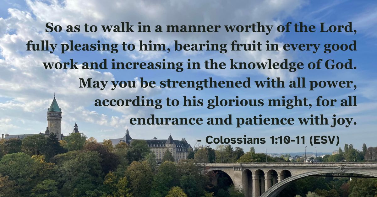 Colossians 1:10-11 (ESV): So as to walk in a manner worthy of the Lord, fully pleasing to him, bearing fruit in every good work and increasing in the knowledge of God. May you be strengthened with all power, according to his glorious might, for all endurance and patience with joy.