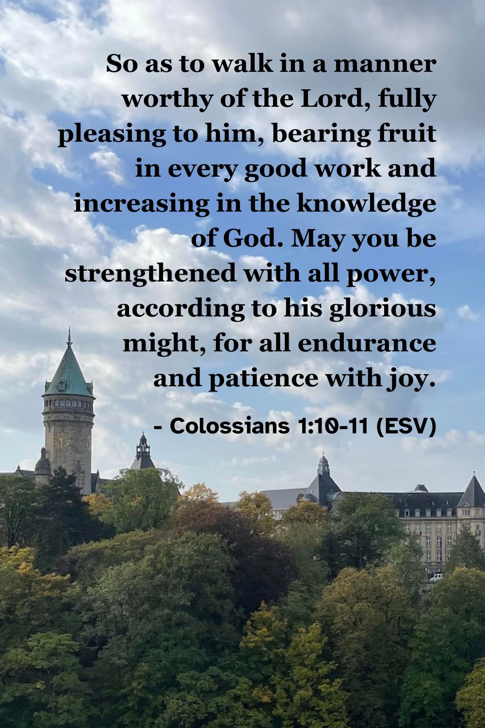 Colossians 1:10-11 (ESV): So as to walk in a manner worthy of the Lord, fully pleasing to him, bearing fruit in every good work and increasing in the knowledge of God. May you be strengthened with all power, according to his glorious might, for all endurance and patience with joy.