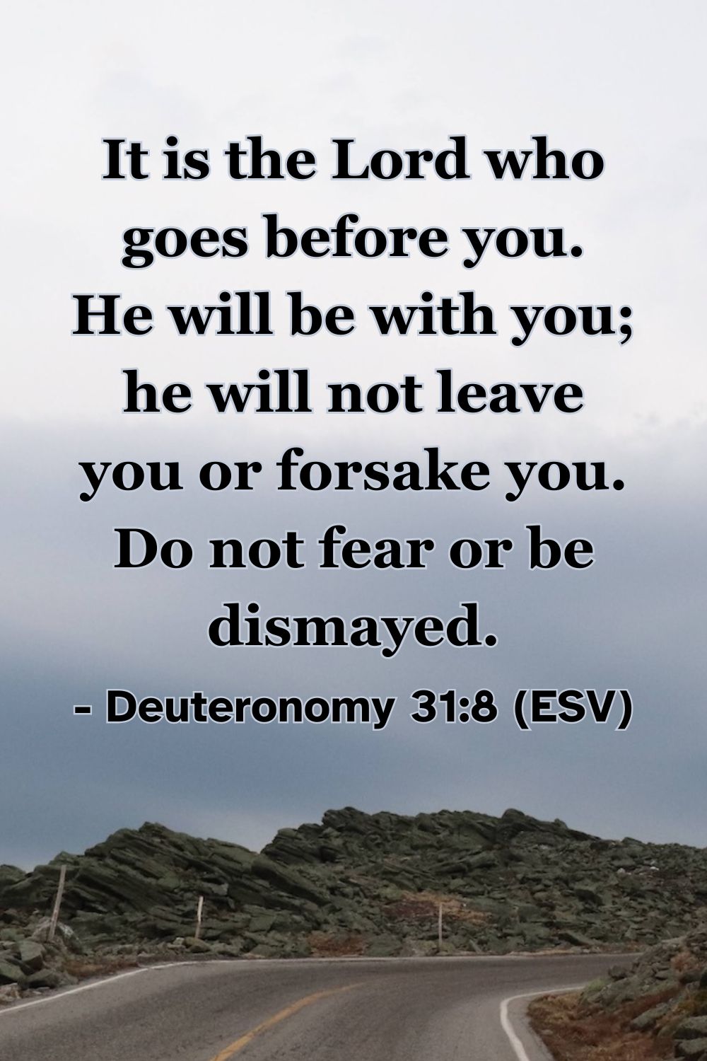 Deuteronomy 31:8 (ESV): It is the Lord who goes before you. He will be with you; he will not leave you or forsake you. Do not fear or be dismayed.