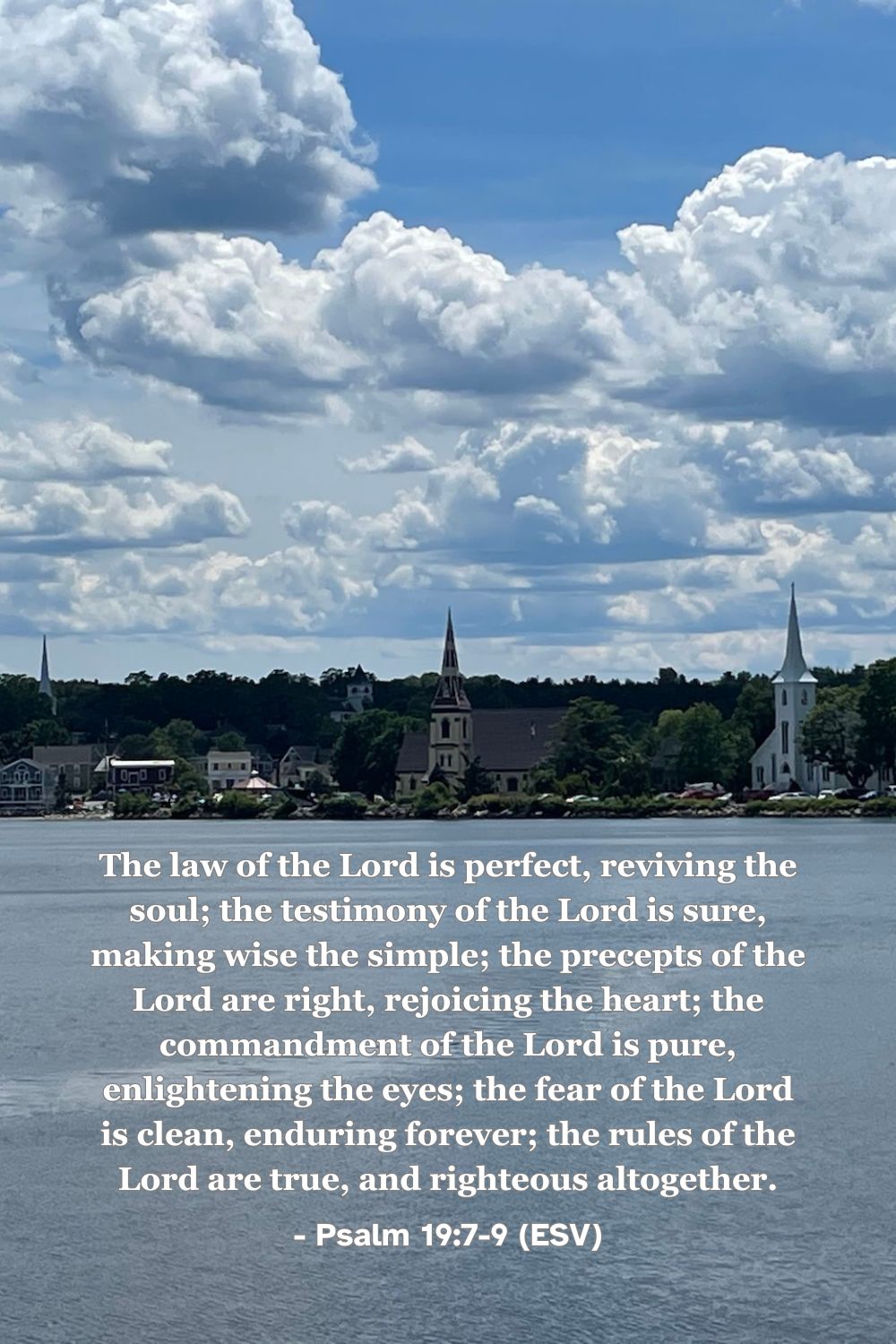 Psalm 19:7-9 (ESV): The law of the Lord is perfect, reviving the soul; the testimony of the Lord is sure, making wise the simple; the precepts of the Lord are right, rejoicing the heart; the commandment of the Lord is pure, enlightening the eyes; the fear of the Lord is clean, enduring forever; the rules of the Lord are true, and righteous altogether.