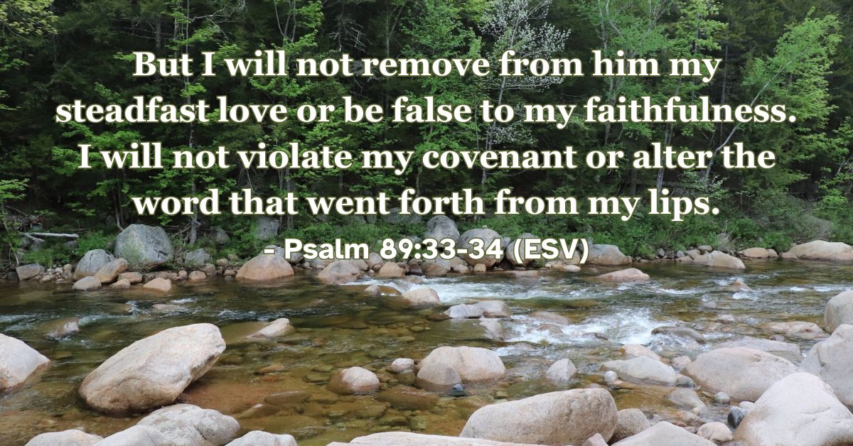 Psalm 89:33-34 (ESV): But I will not remove from him my steadfast love or be false to my faithfulness. I will not violate my covenant or alter the word that went forth from my lips.