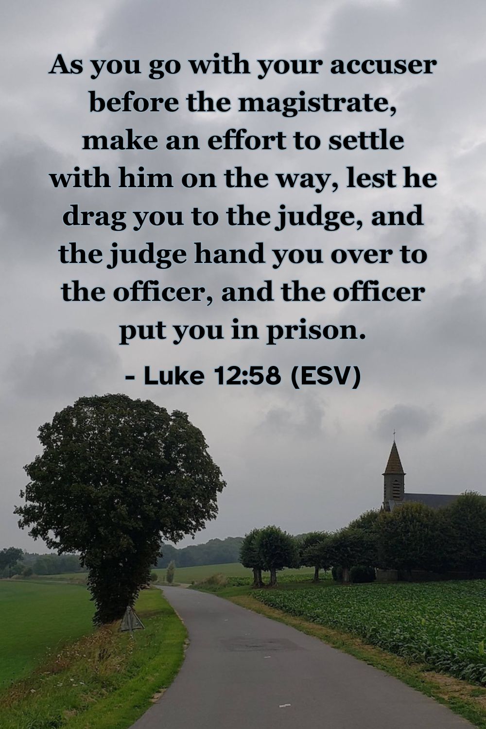 This Bible verse image features Luke 12:58 (ESV): “As you go with your accuser before the magistrate, make an effort to settle with him on the way, lest he drag you to the judge, and the judge hand you over to the officer, and the officer put you in prison.” A reminder of the wisdom of seeking reconciliation and making things right quickly.