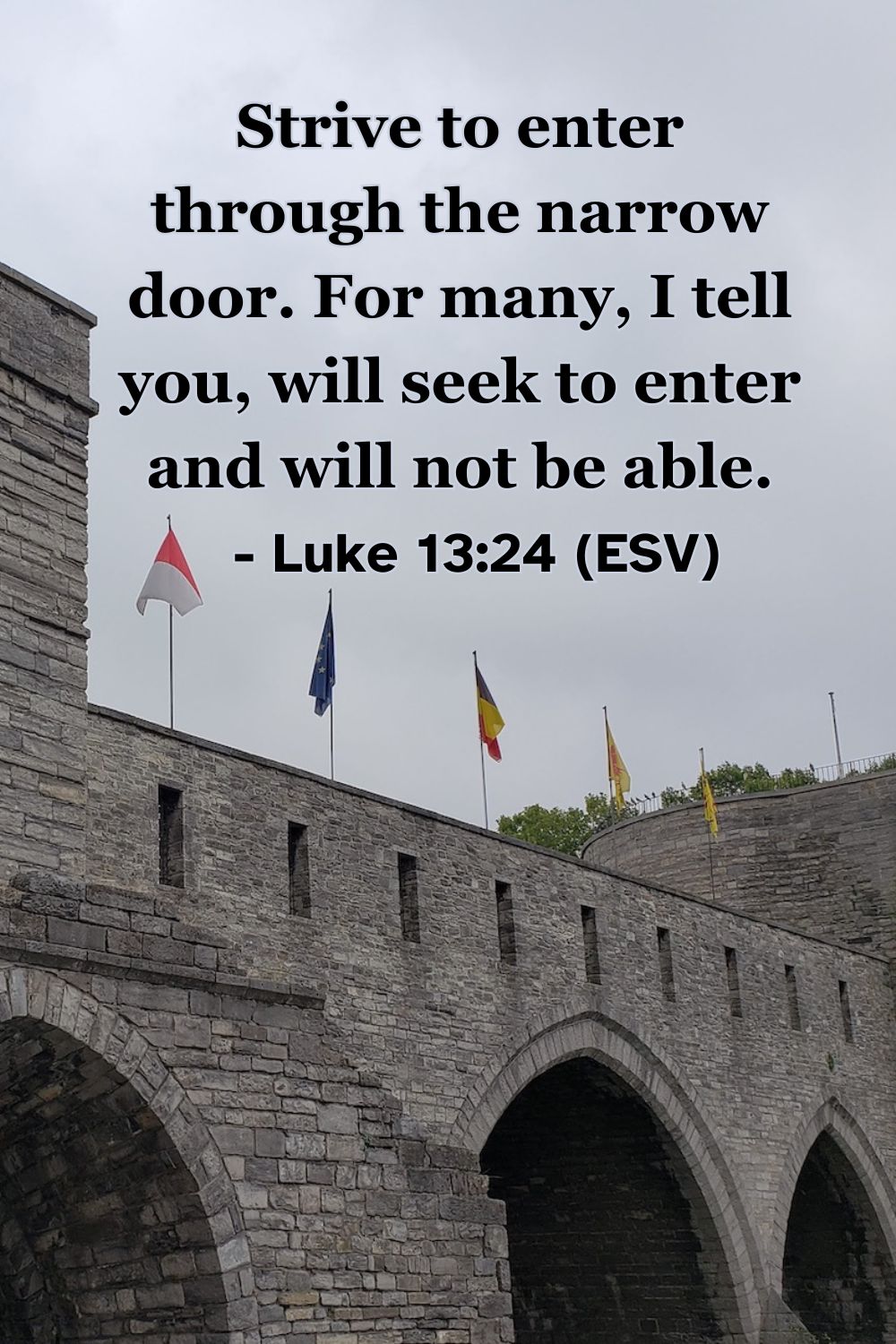 This Bible verse image features Luke 13:24 (ESV): “Strive to enter through the narrow door. For many, I tell you, will seek to enter and will not be able.” A reminder of the discipline and intentionality required to follow the path of Christ.