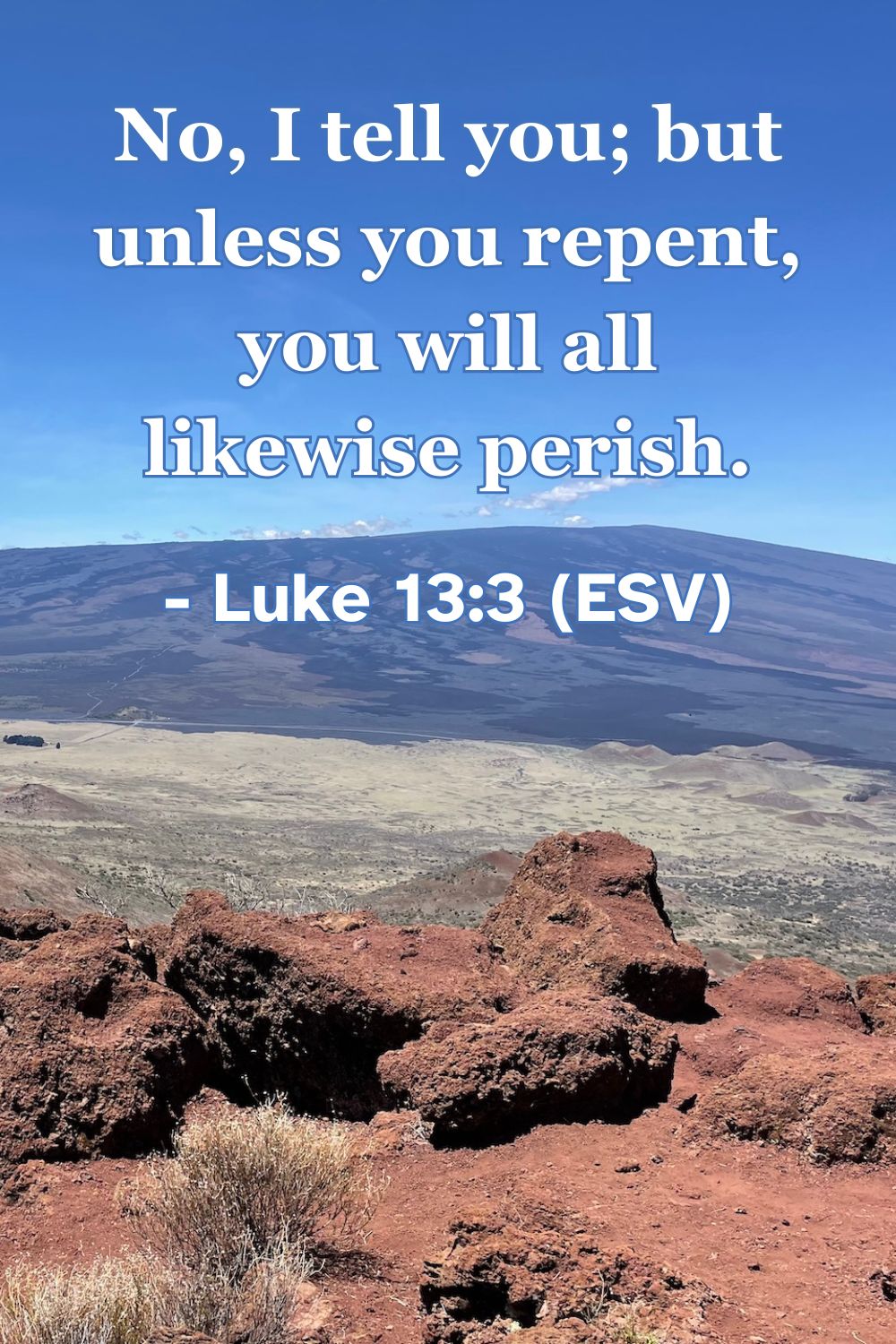 This Bible verse image features Luke 13:3 (ESV): “No, I tell you; but unless you repent, you will all likewise perish.” A reminder of the urgent necessity of repentance and turning toward God.