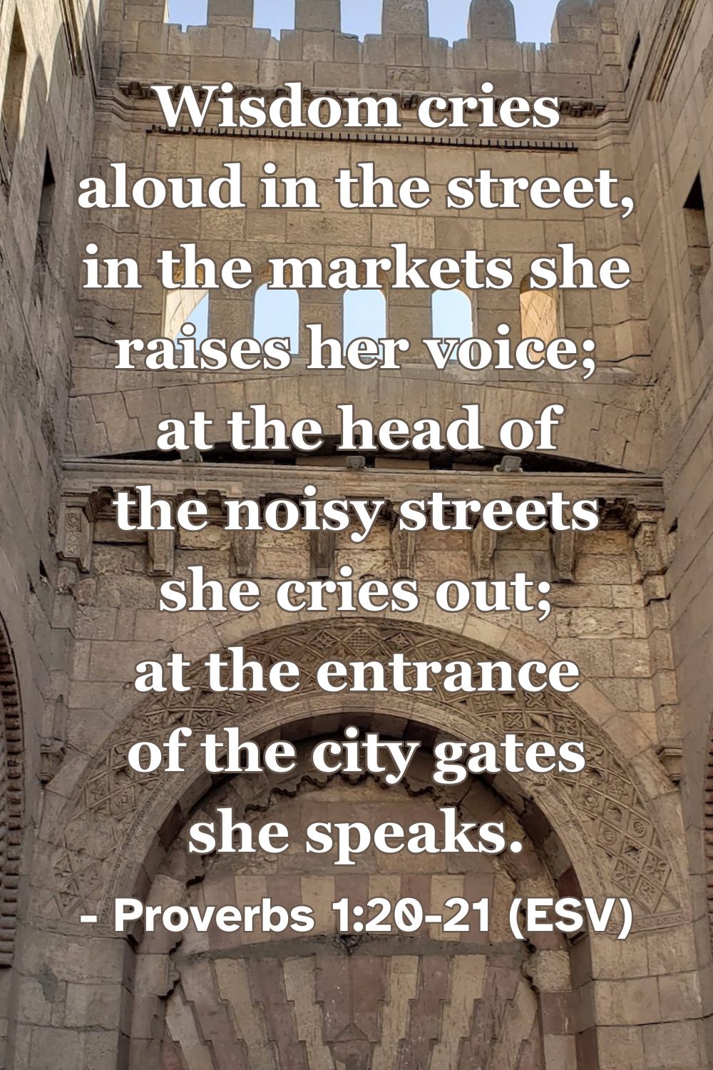 This Bible verse image features Proverbs 1:20-21 (ESV): “Wisdom cries aloud in the street, in the markets she raises her voice; at the head of the noisy streets she cries out; at the entrance of the city gates she speaks.” A reminder that wisdom is available and calling out to everyone.