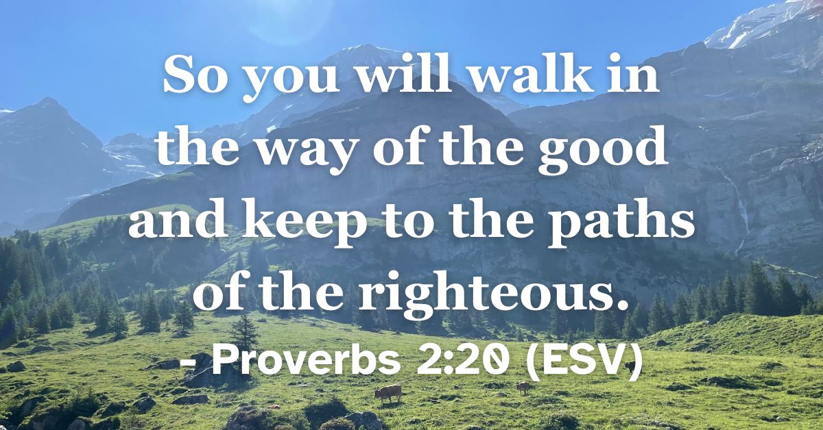 This Bible verse image features Proverbs 2:20 (ESV): “So you will walk in the way of the good and keep to the paths of the righteous.” A reminder to stay on the path of goodness and integrity.