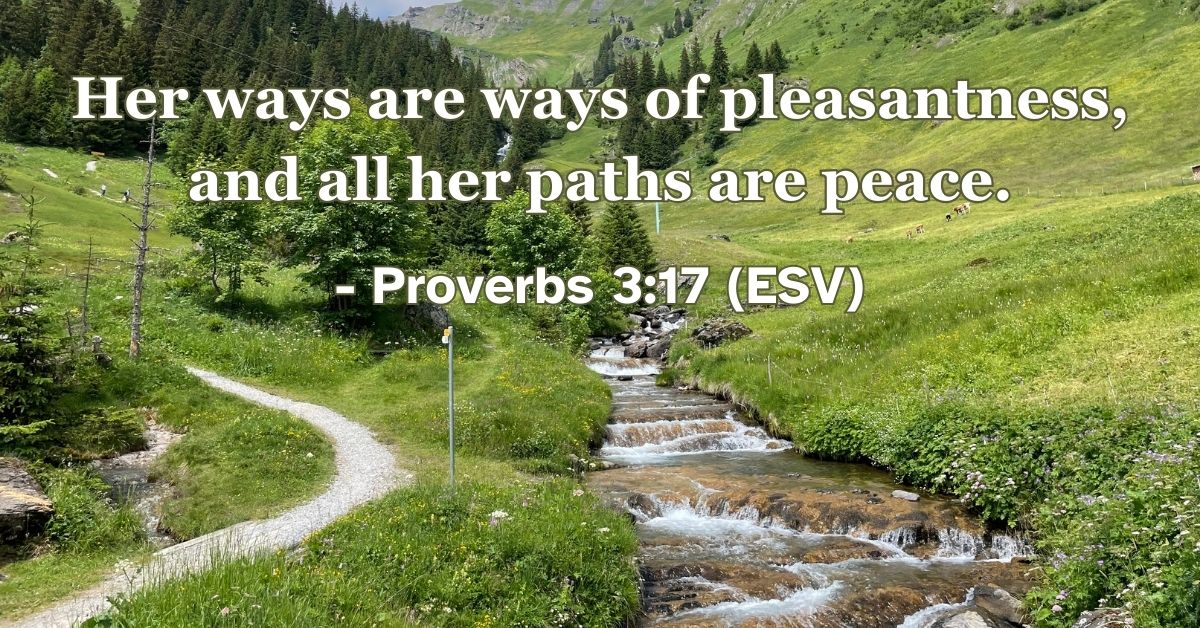 This Bible verse image features Proverbs 3:17 (ESV): “Her ways are ways of pleasantness, and all her paths are peace.” A reminder of the peace and pleasantness found in walking in God's ways.
