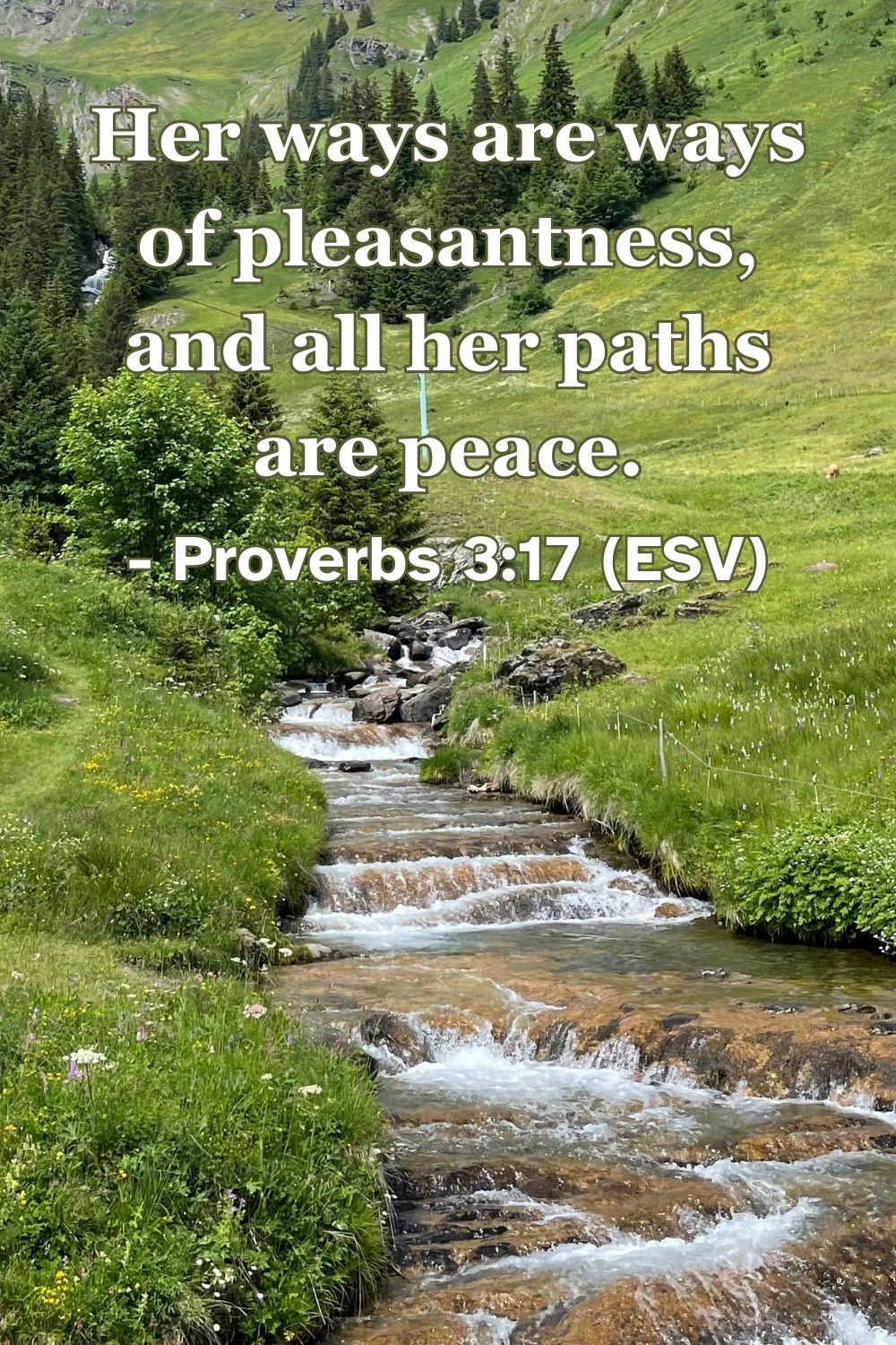 This Bible verse image features Proverbs 3:17 (ESV): “Her ways are ways of pleasantness, and all her paths are peace.” A reminder of the peace and pleasantness found in walking in God's ways.