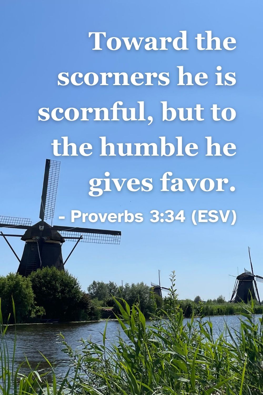 This Bible verse image features Proverbs 3:34 (ESV): “Toward the scorners he is scornful, but to the humble he gives favor.” A reminder that God gives grace and favor to the humble.
