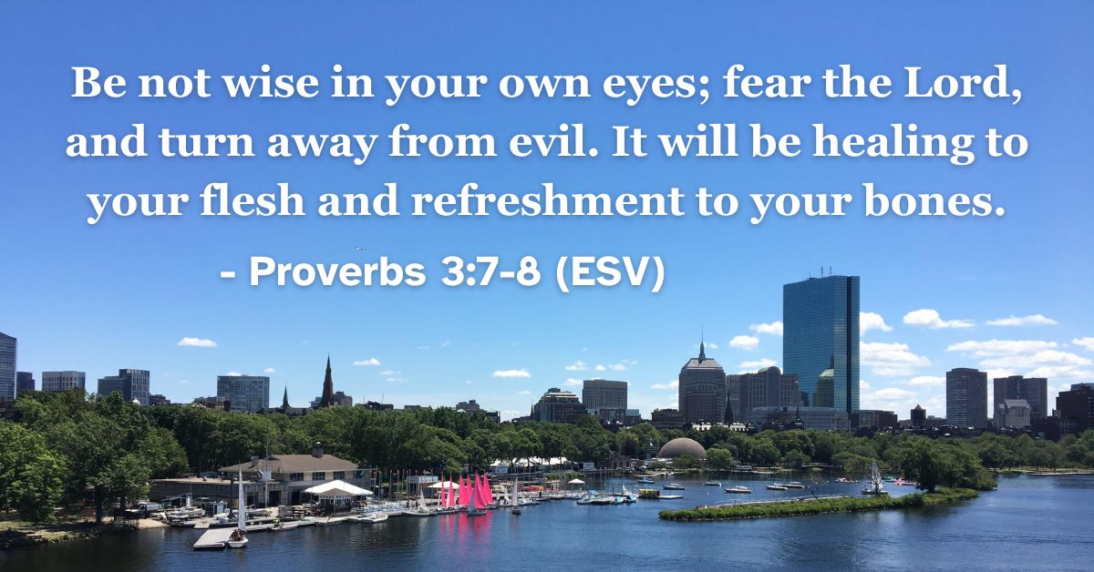 This Bible verse image features Proverbs 3:7-8 (ESV): “Be not wise in your own eyes; fear the Lord, and turn away from evil. It will be healing to your flesh and refreshment to your bones.” A reminder of the healing and spiritual refreshment that comes from humility before God.