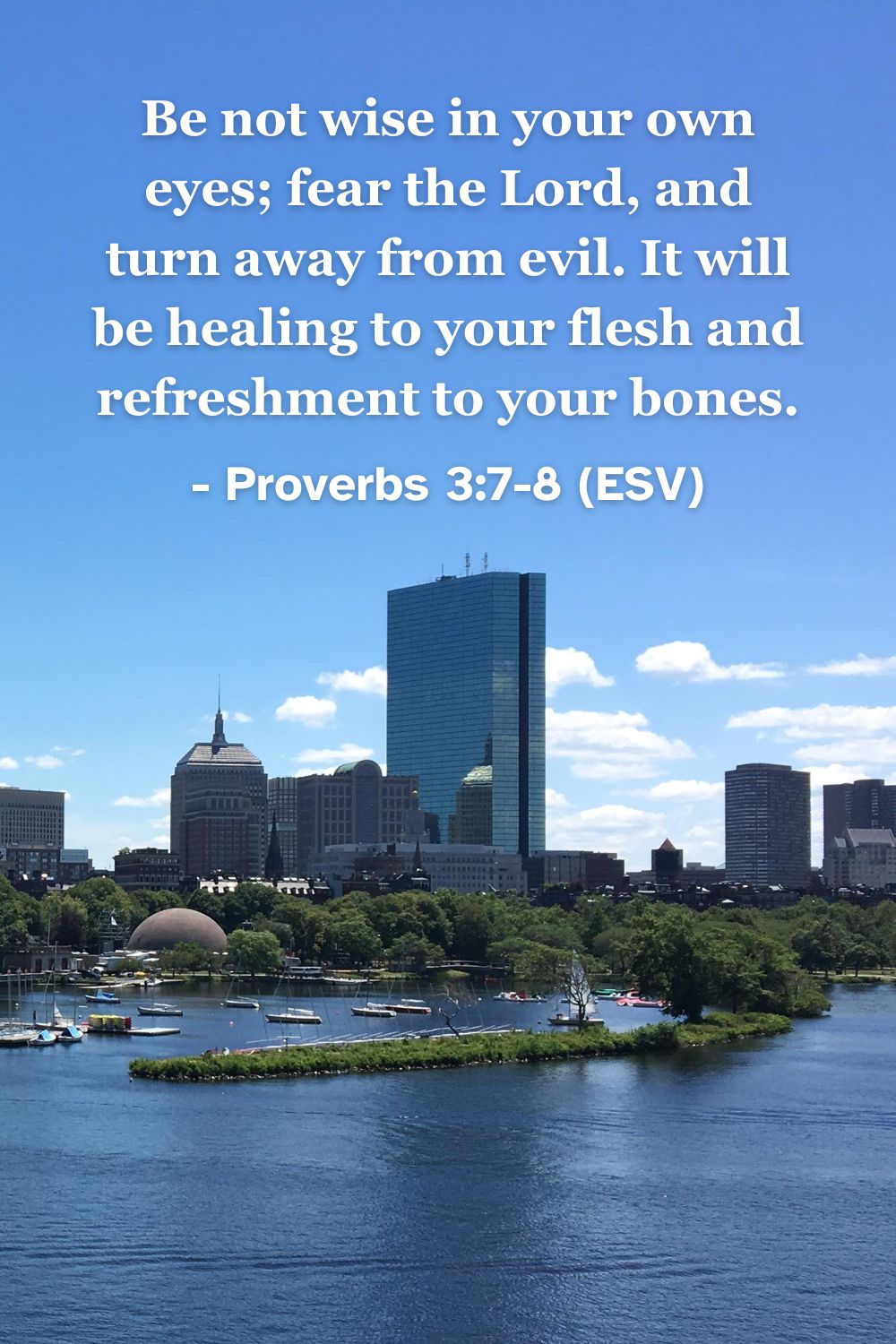 This Bible verse image features Proverbs 3:7-8 (ESV): “Be not wise in your own eyes; fear the Lord, and turn away from evil. It will be healing to your flesh and refreshment to your bones.” A reminder of the healing and spiritual refreshment that comes from humility before God.