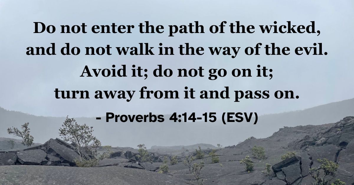 This Bible verse image features Proverbs 4:14-15 (ESV): “Do not enter the path of the wicked, and do not walk in the way of the evil. Avoid it; do not go on it; turn away from it and pass on.” A reminder to stay away from the path of evil.