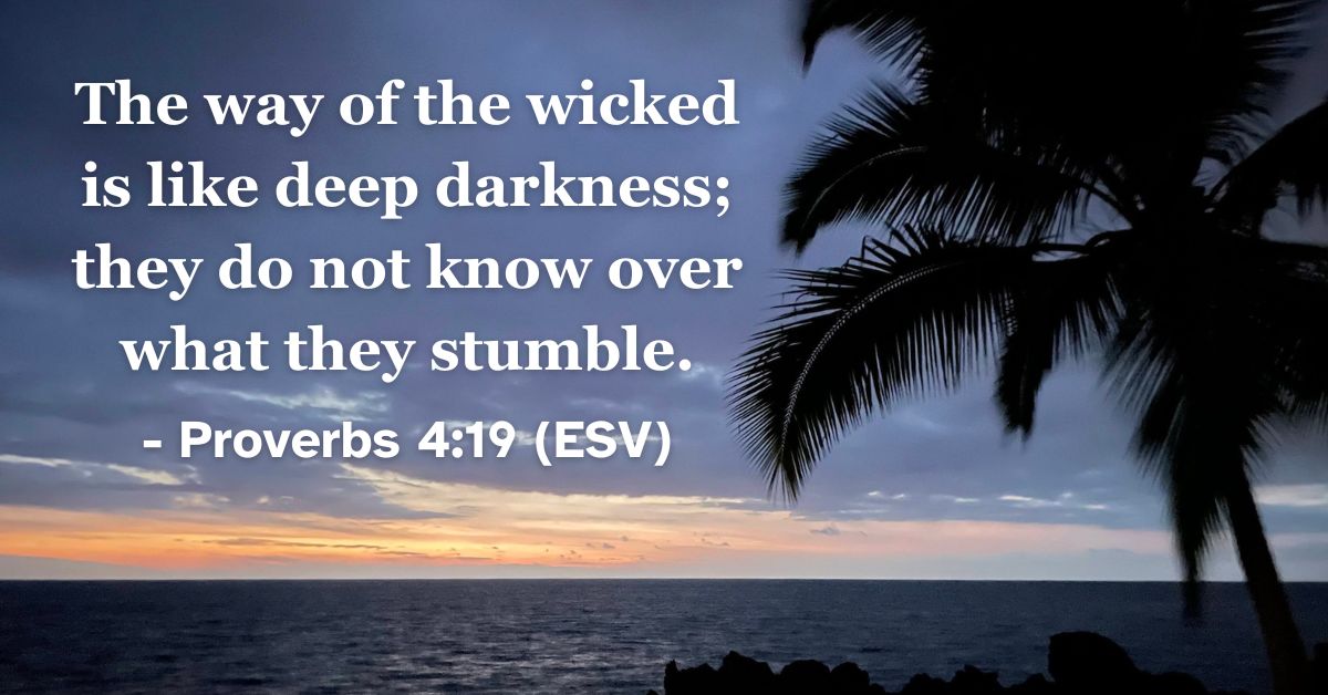 This Bible verse image features Proverbs 4:19 (ESV): “The way of the wicked is like deep darkness; they do not know over what they stumble.” A reminder of the danger and confusion of living in sin.