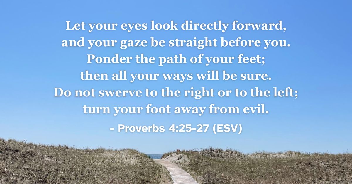 This Bible verse image features Proverbs 4:25-27 (ESV): “Let your eyes look directly forward, and your gaze be straight before you. Ponder the path of your feet; then all your ways will be sure. Do not swerve to the right or to the left; turn your foot away from evil.” A reminder to stay focused and walk steadily on the path of righteousness.