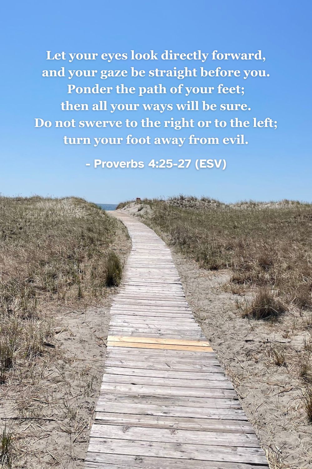 This Bible verse image features Proverbs 4:25-27 (ESV): “Let your eyes look directly forward, and your gaze be straight before you. Ponder the path of your feet; then all your ways will be sure. Do not swerve to the right or to the left; turn your foot away from evil.” A reminder to stay focused and walk steadily on the path of righteousness.