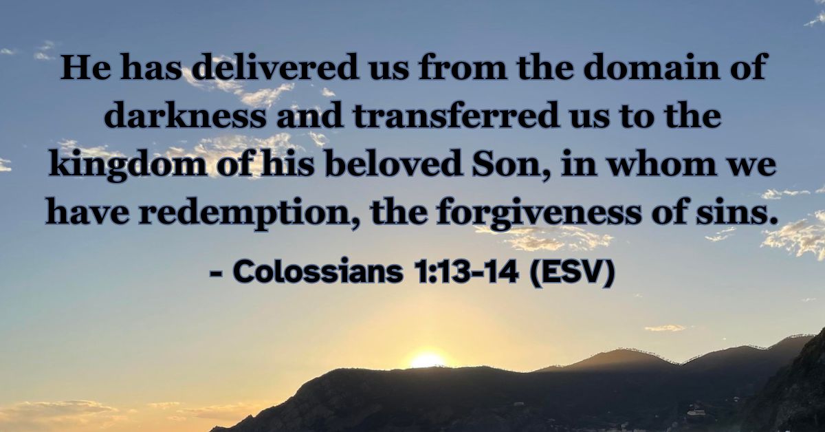 This Bible verse image features Colossians 1:13-14 (ESV): “He has delivered us from the domain of darkness and transferred us to the kingdom of his beloved Son, in whom we have redemption, the forgiveness of sins.” A reminder of the spiritual rescue and relocation that happens through Christ.