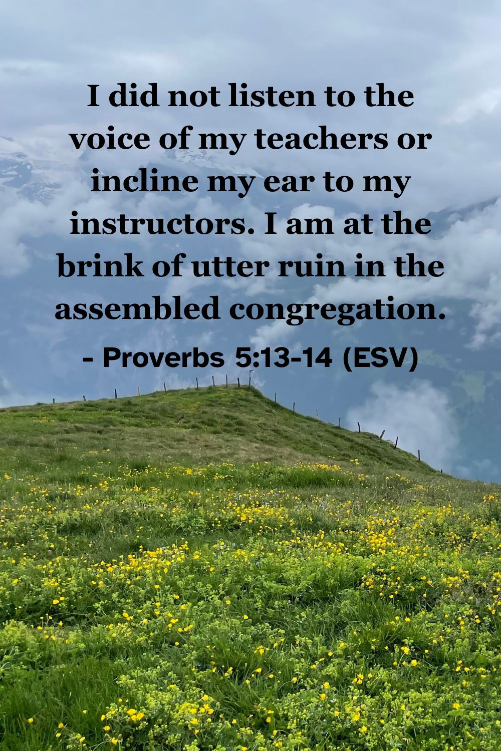 This Bible verse image features Proverbs 5:13-14 (ESV): “I did not listen to the voice of my teachers or incline my ear to my instructors. I am at the brink of utter ruin in the assembled congregation.” A reminder of the regret and ruin that come from ignoring wise counsel.