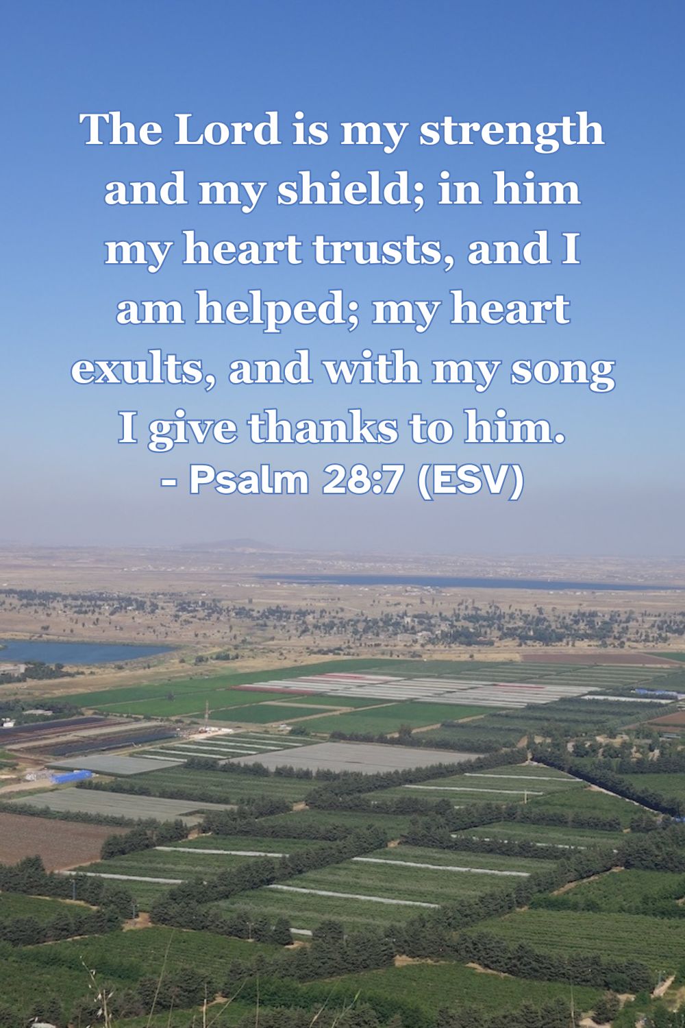 This Bible verse image features Psalm 28:7 (ESV): “The Lord is my strength and my shield; in him my heart trusts, and I am helped; my heart exults, and with my song I give thanks to him.” A reminder of the joy and gratitude that flow from trusting in God's protection.