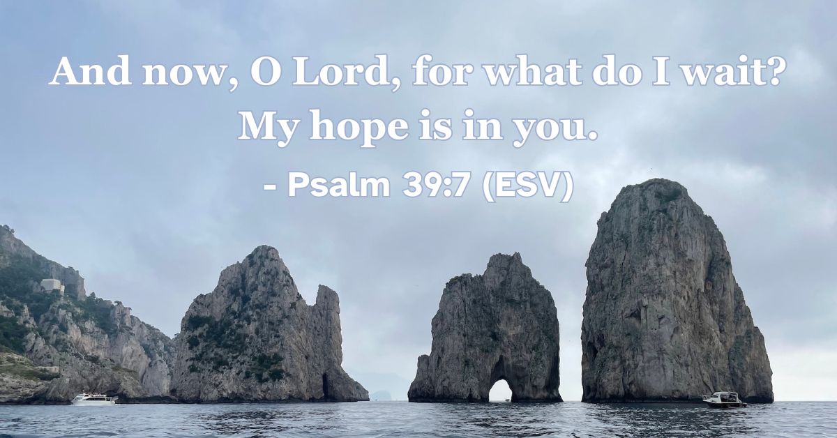 This Bible verse image features Psalm 39:7 (ESV): “And now, O Lord, for what do I wait? My hope is in you.” A reminder that when the world is uncertain, our true expectation and hope are found in him.