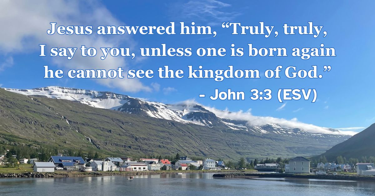This Bible verse image features John 3:3 (ESV): “Jesus answered him, ‘Truly, truly, I say to you, unless one is born again he cannot see the kingdom of God.’” A reminder of the necessity of spiritual rebirth to enter God’s kingdom.