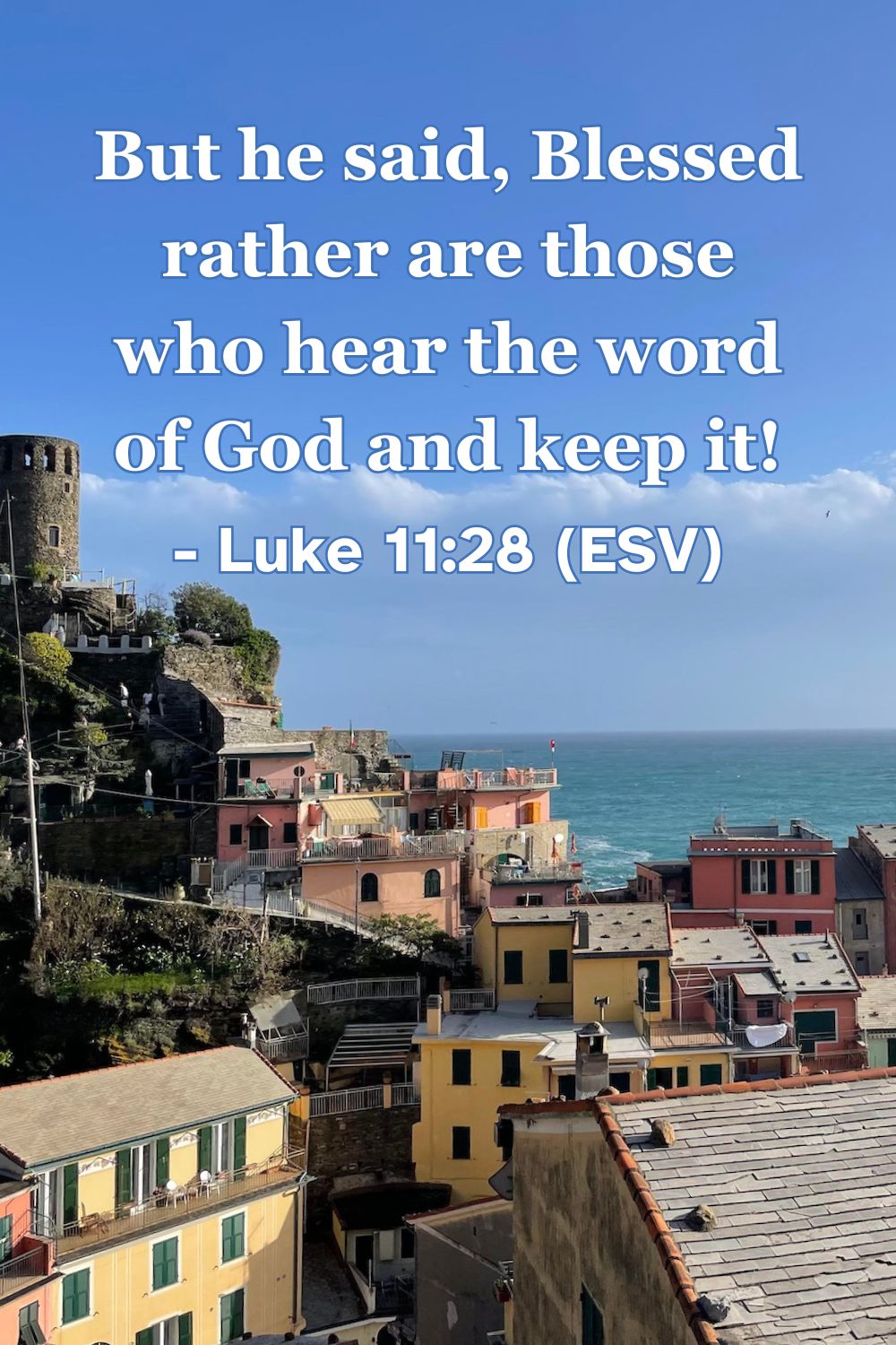This Bible verse image features Luke 11:28 (ESV): “But he said, ‘Blessed rather are those who hear the word of God and keep it!’” A reminder of the joy and blessing found in active obedience to God’s word.