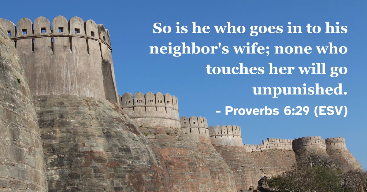 This Bible verse image features Proverbs 6:29 (ESV): “So is he who goes in to his neighbor’s wife; none who touches her will go unpunished.” A reminder of the certainty of God’s judgment regarding the violation of the marriage covenant.