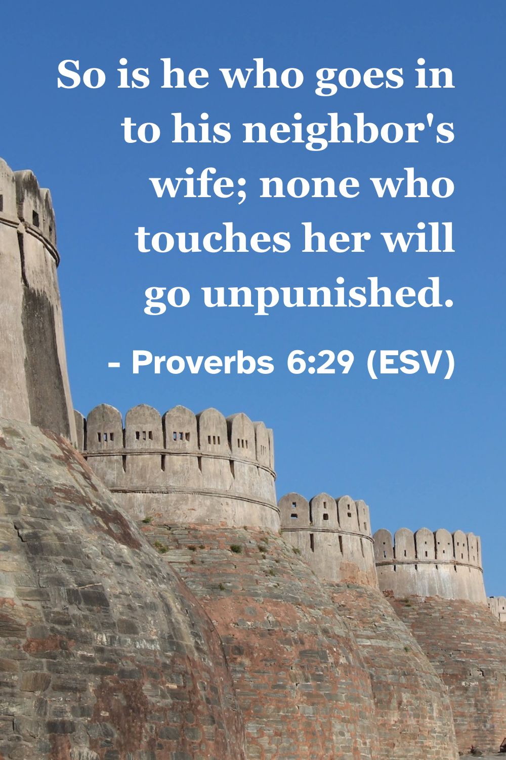 This Bible verse image features Proverbs 6:29 (ESV): “So is he who goes in to his neighbor’s wife; none who touches her will go unpunished.” A reminder of the certainty of God’s judgment regarding the violation of the marriage covenant.